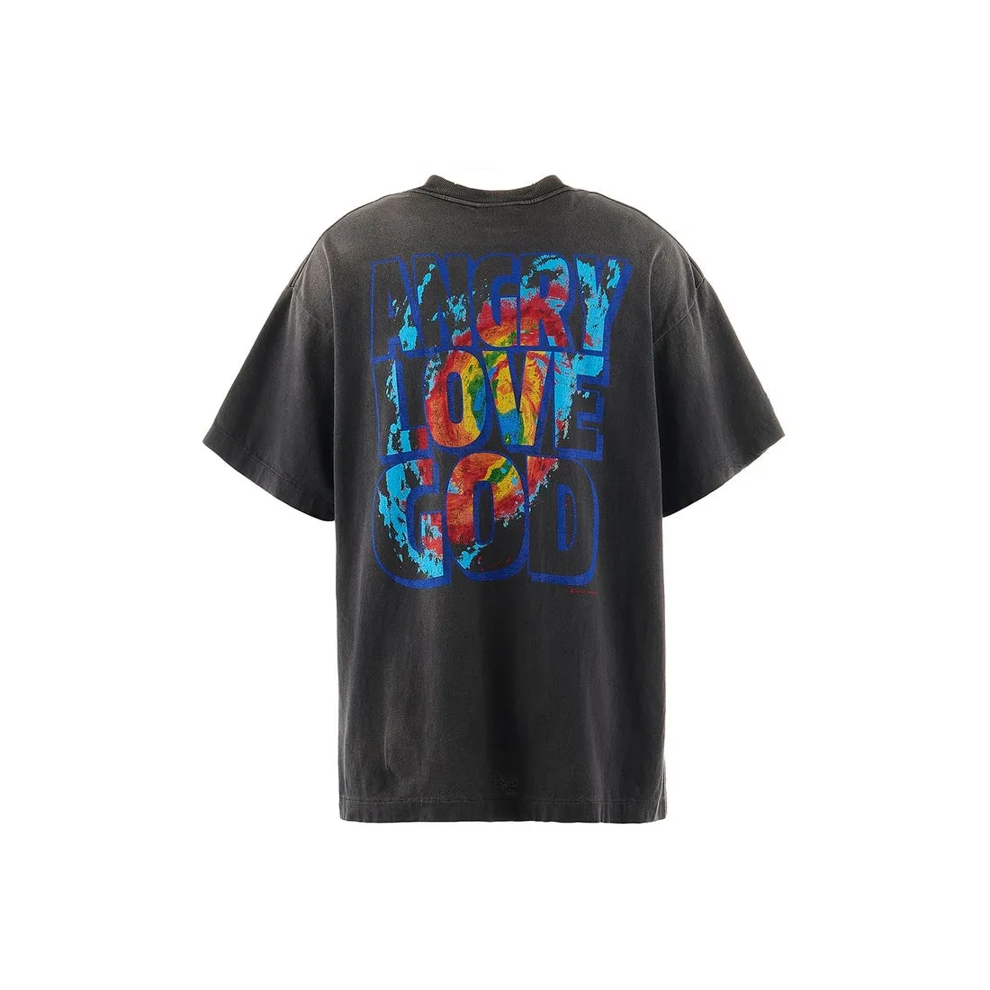 CACTUS PLANT FLEA MARKET x SAINT Mxxxxxx ANGRY LOVE GOD SS TEE/BLK CPFM co-branded weather icon/tropical storm print retro distressed TEE washed black S-XL front and rear large printing positions 24 color restorations ready-to-wear printing. Look for cylindrical fabrics with no side seams. The open ones are almost meaningless. Asut ready-made garments dyed. The entire piece is sprayed with faded colors. Multiple holes. Washed again. Customized CPFM co-branded main mark/wash mark/with little angel for anti-counterfeiting